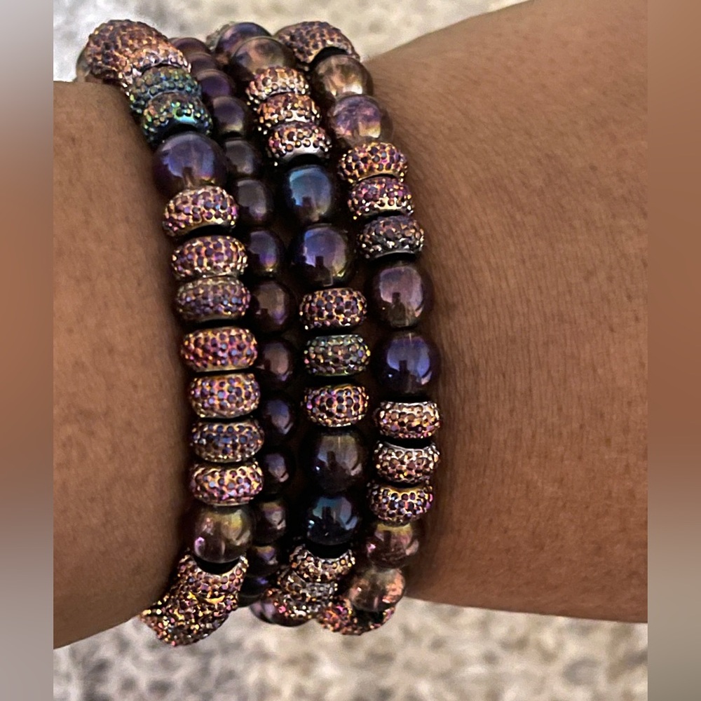 Purple and gold multi strand stretch bracelets